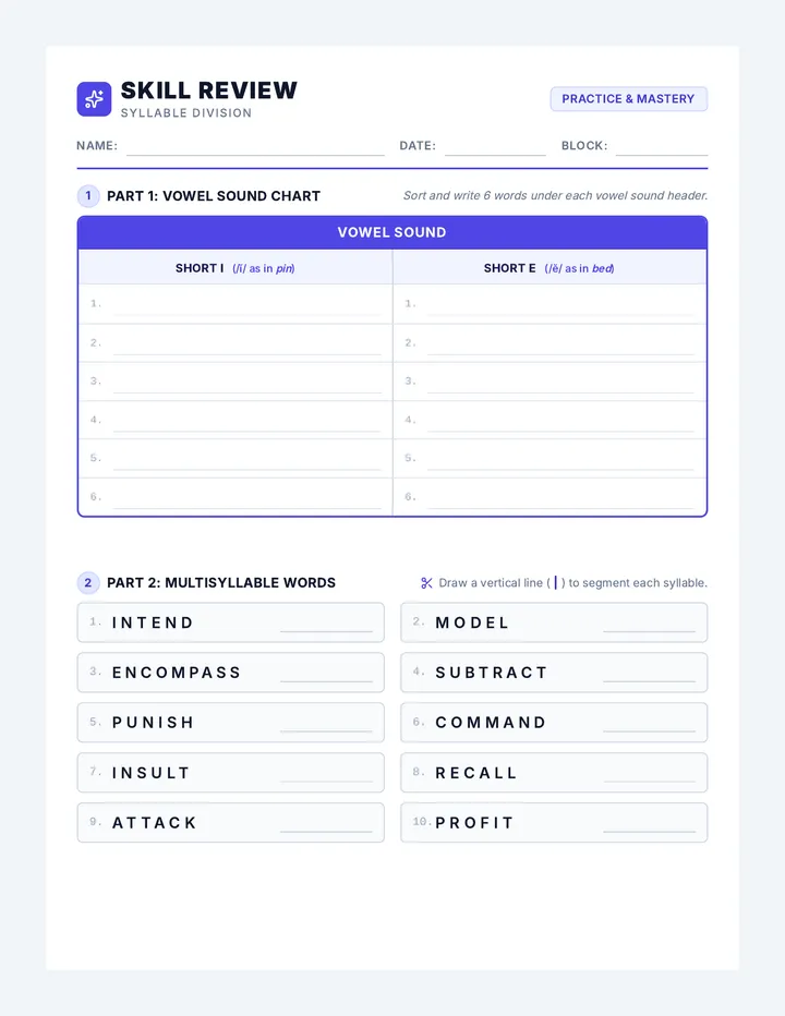Skill Breakdown Review Sheet