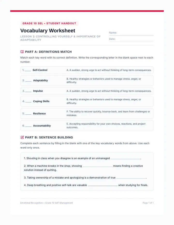 Controlling Yourself Vocabulary Worksheet