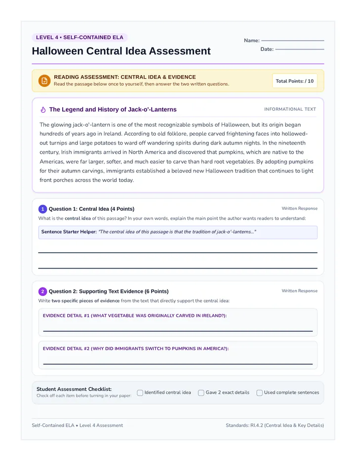 Halloween Central Idea Assessment