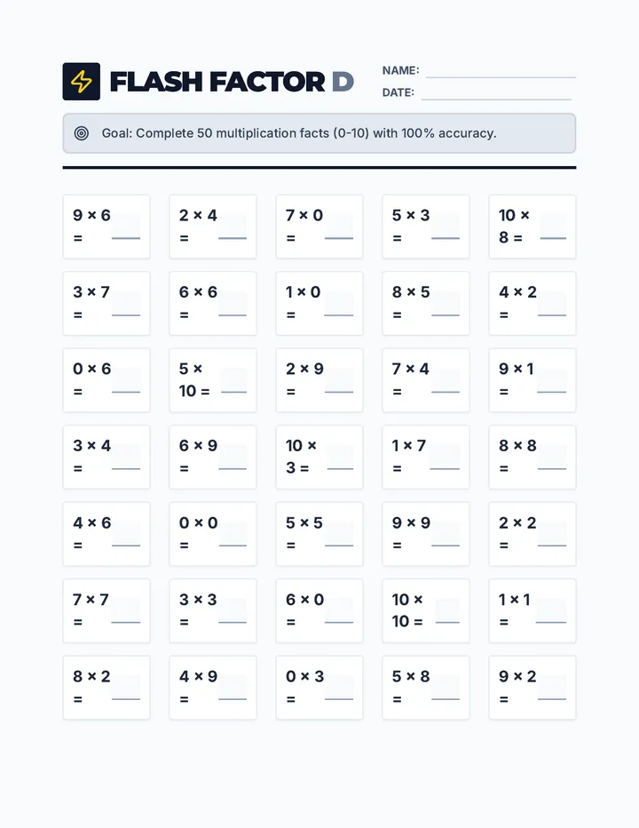 Flash Factor Worksheet D