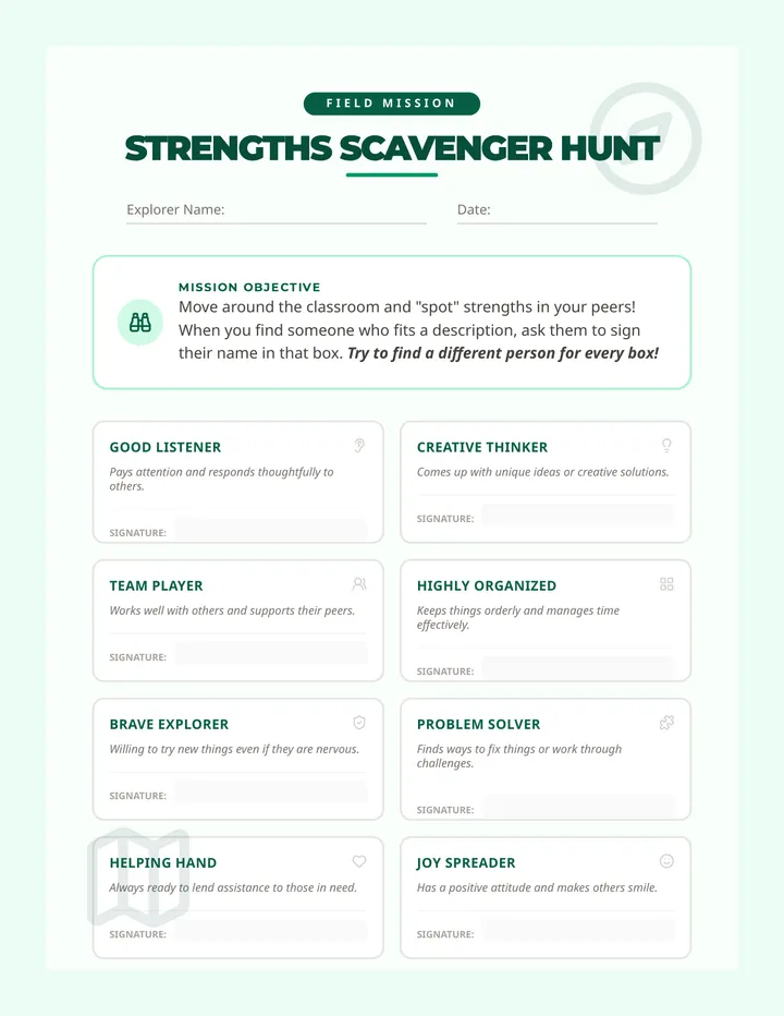 Strengths Scavenger Hunt Worksheet