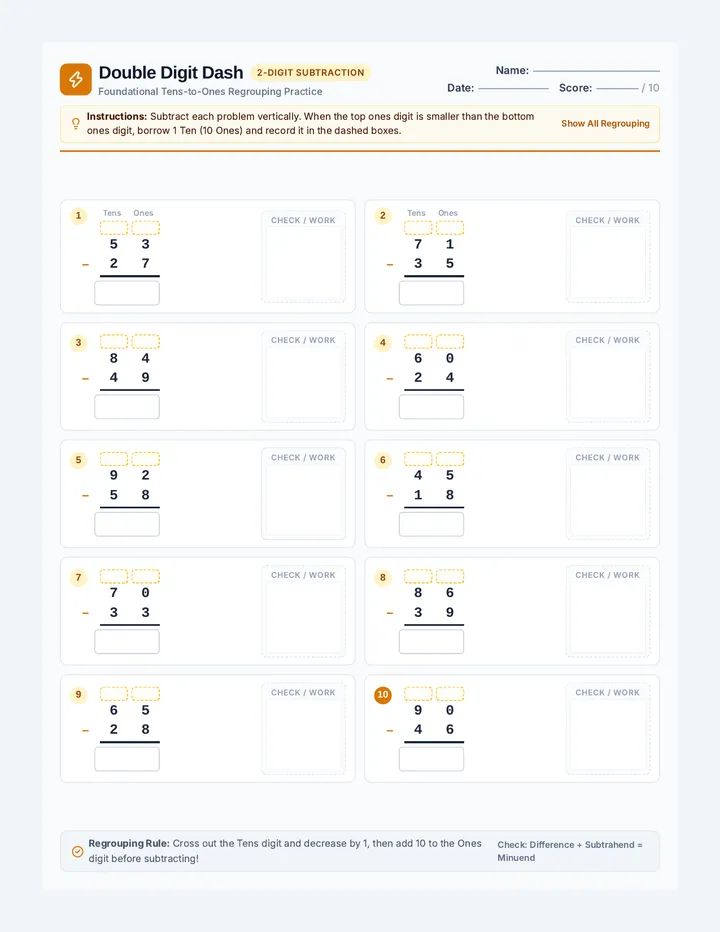 Double Digit Dash Worksheet