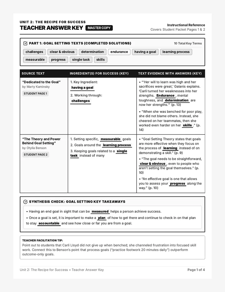 Recipe Success Answer Key