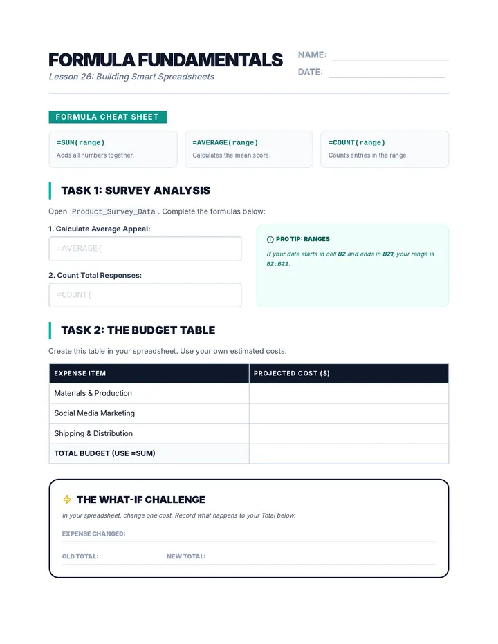 Formula Practice Worksheet