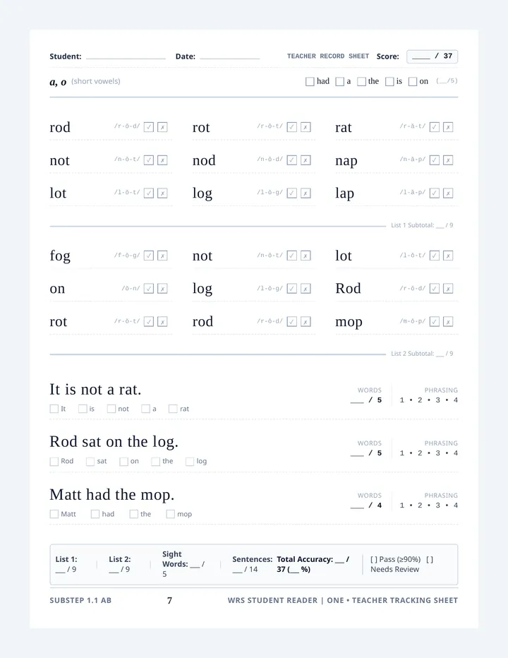 Short O Reading Tracker Sheet