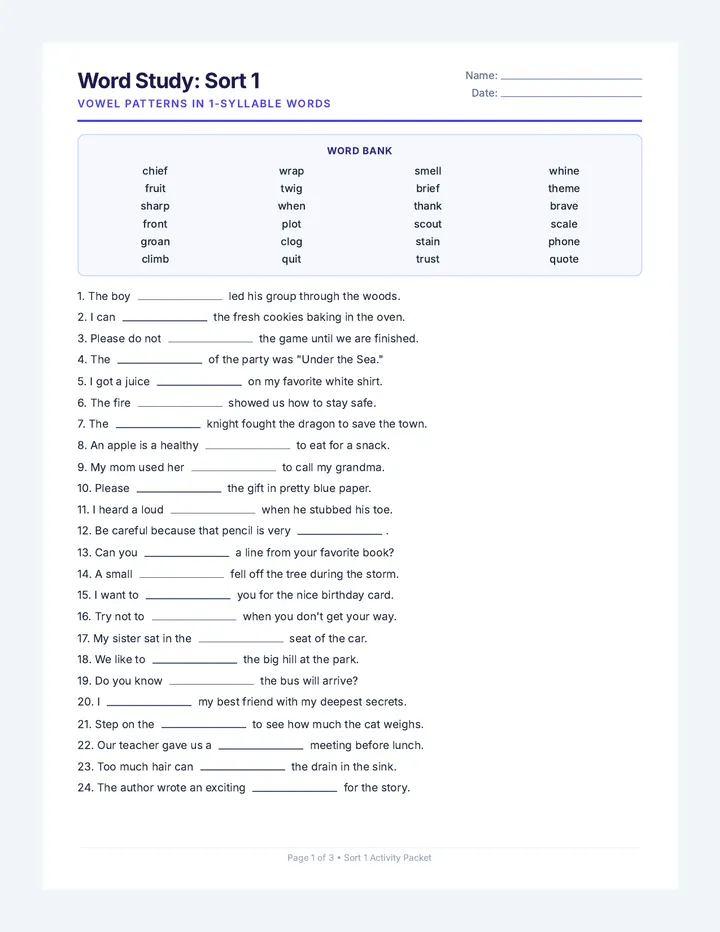 Sort 1 Activity Packet