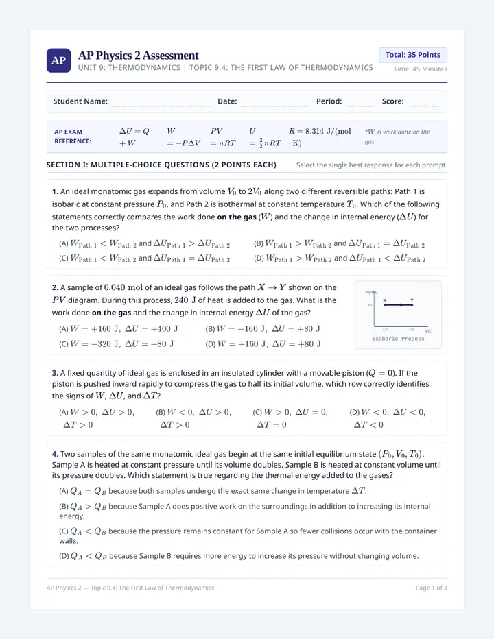 Thermodynamics First Law Assessment