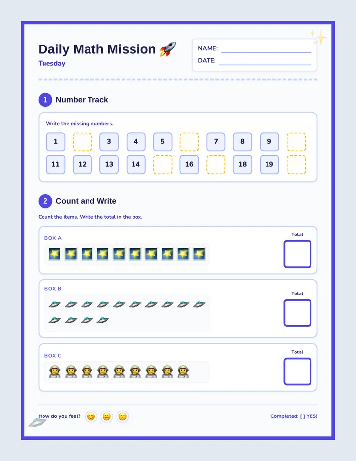 Tuesday Space Cadet Worksheet
