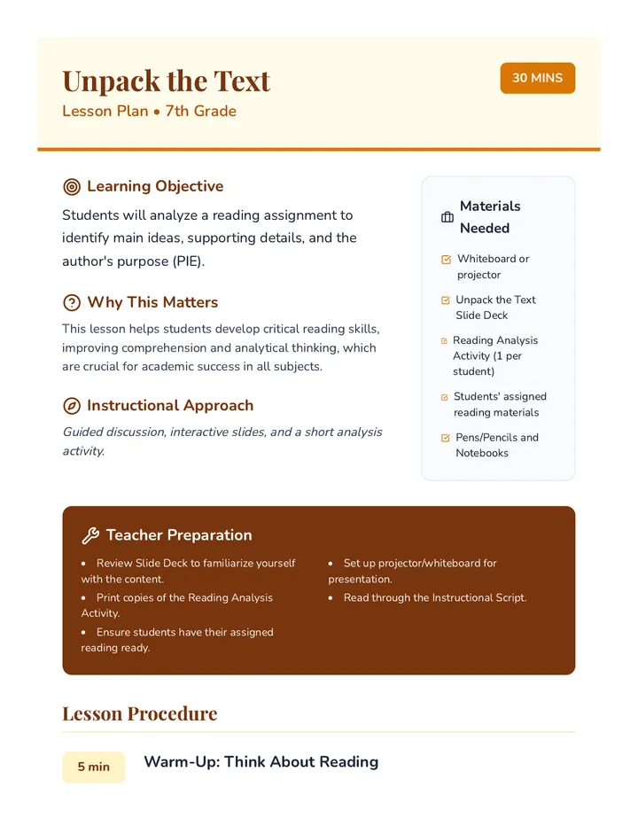 Unpack the Text Lesson Plan