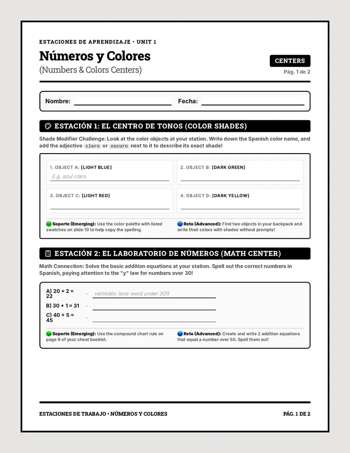 Numbers & Colors Stations Worksheet