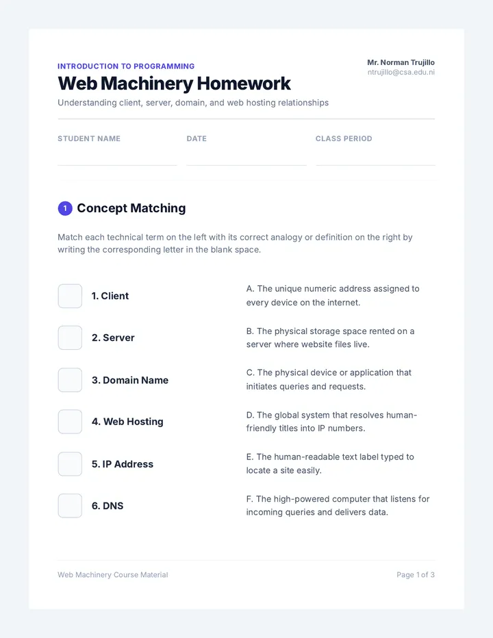 Web Machinery Homework Worksheet