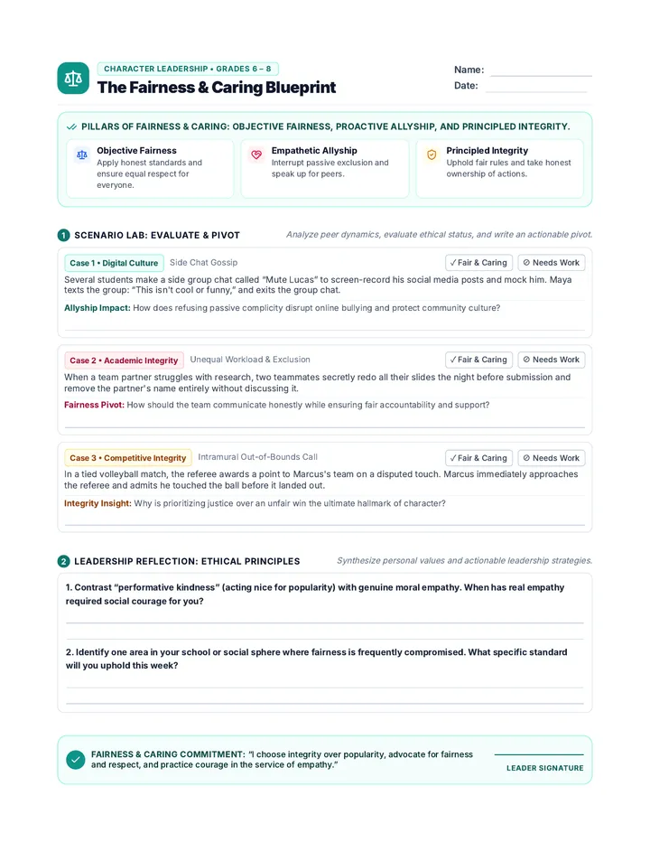 Fairness Caring MS Worksheet