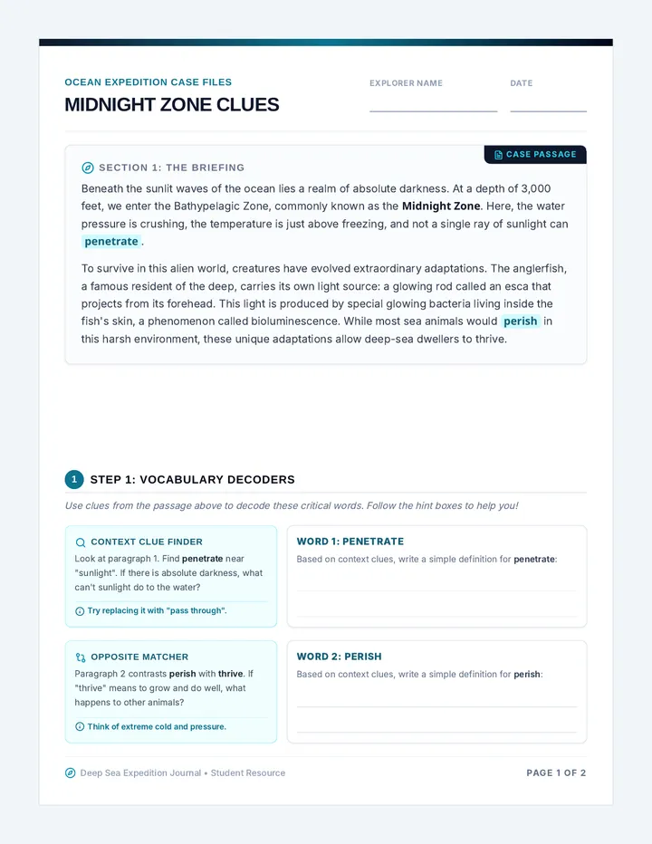 Midnight Zone Clues Worksheet