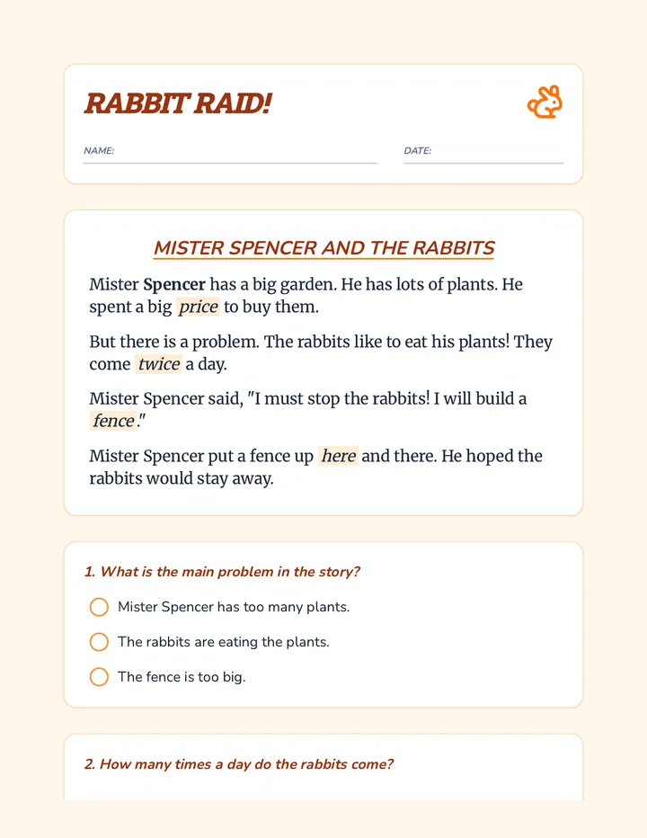 Rabbit Raid Reading Worksheet