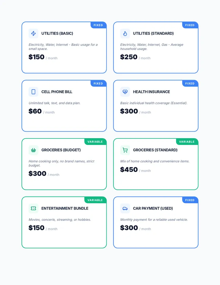 Adulting Life Game Expense Cards