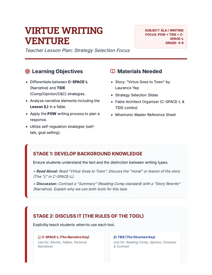 Virtue Writing Lesson Plan