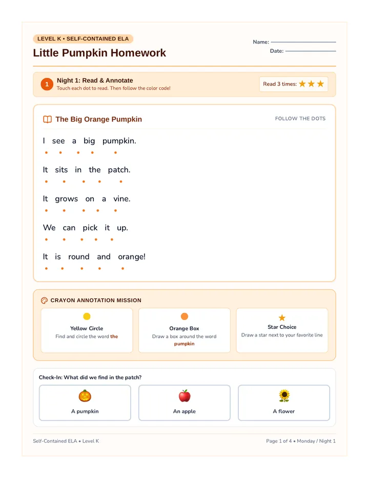 Little Pumpkin Homework Packet