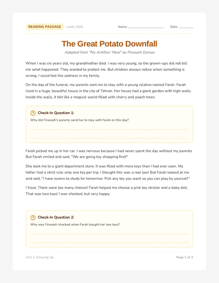 Potato Downfall Worksheet
