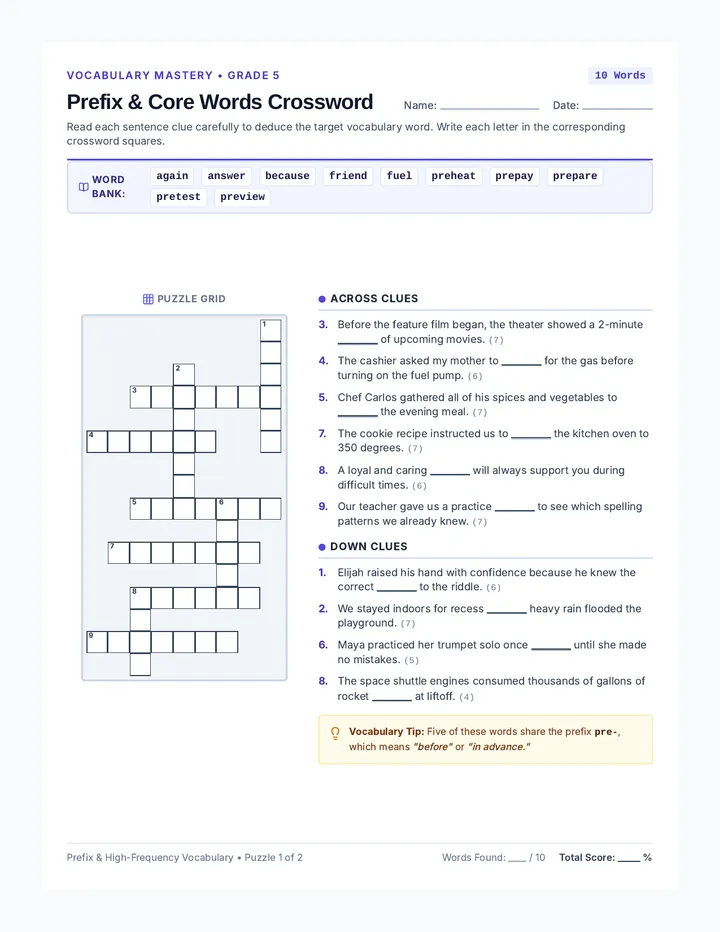 Prefix Crossword Puzzle Worksheet