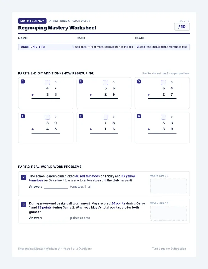 Regrouping Mastery Worksheet