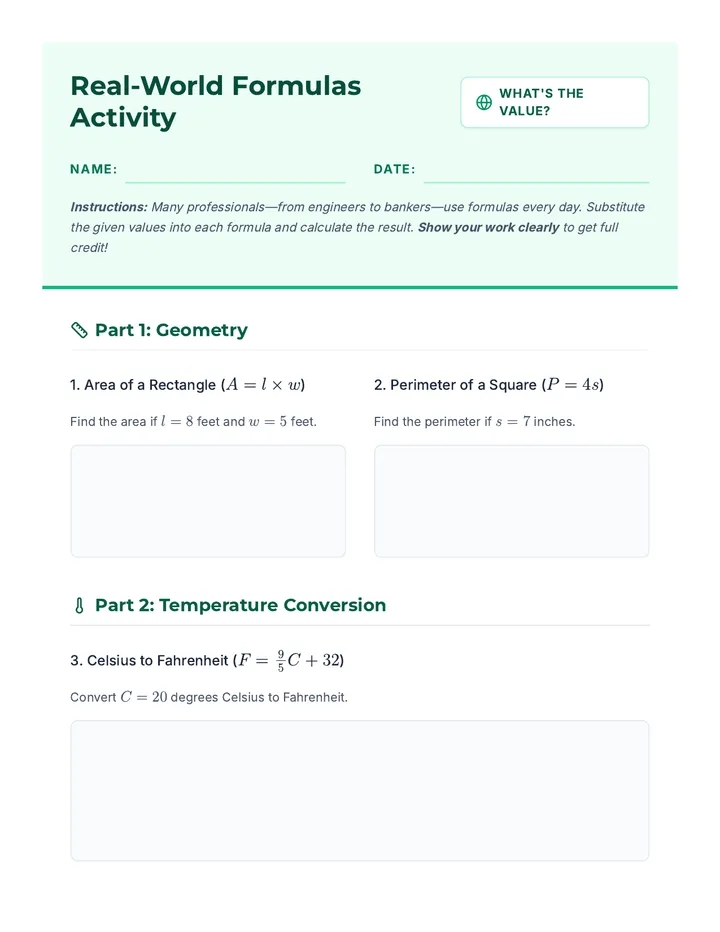 Real-World Formulas Activity