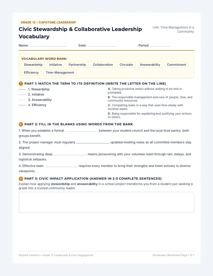 Community Leadership Vocabulary Worksheet