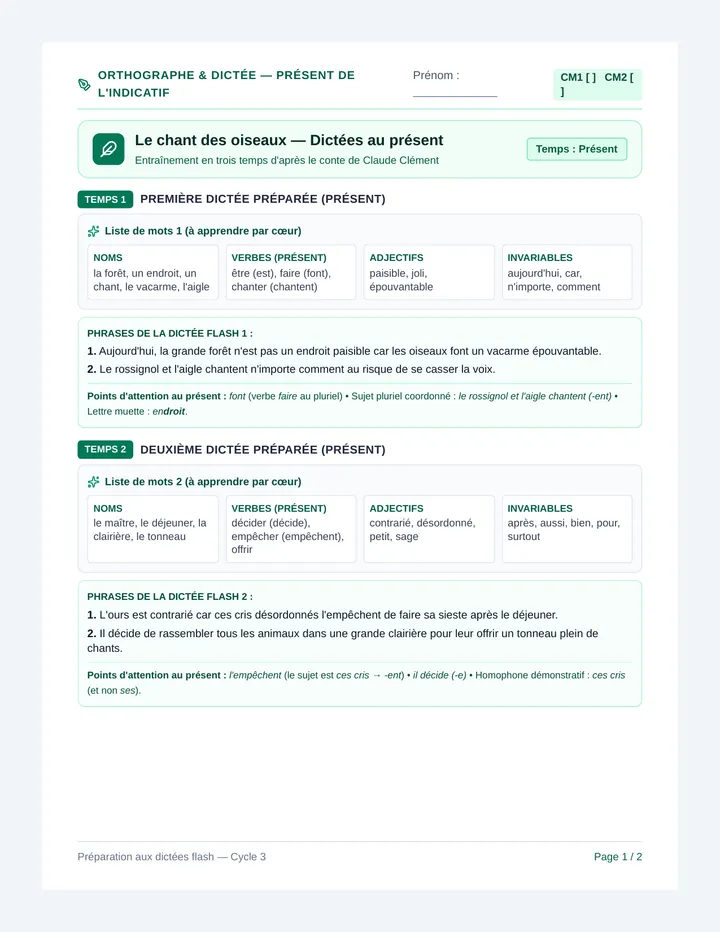 Chouette Dictee Fiche Eleve