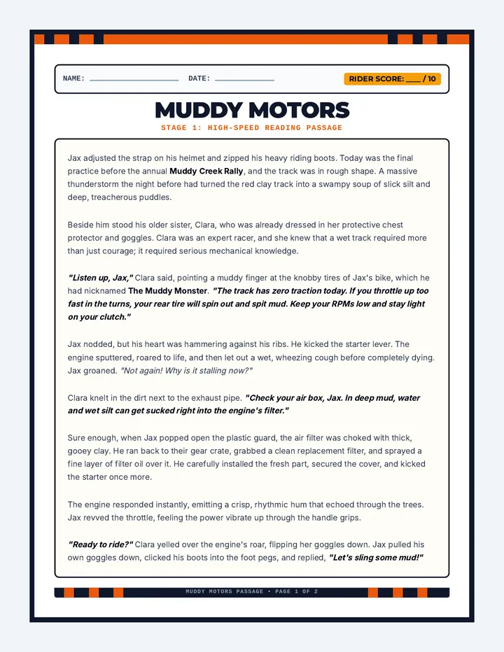 Muddy Motors Reading Sheet