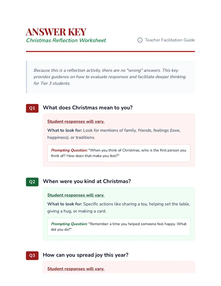 Christmas Reflection Answer Key