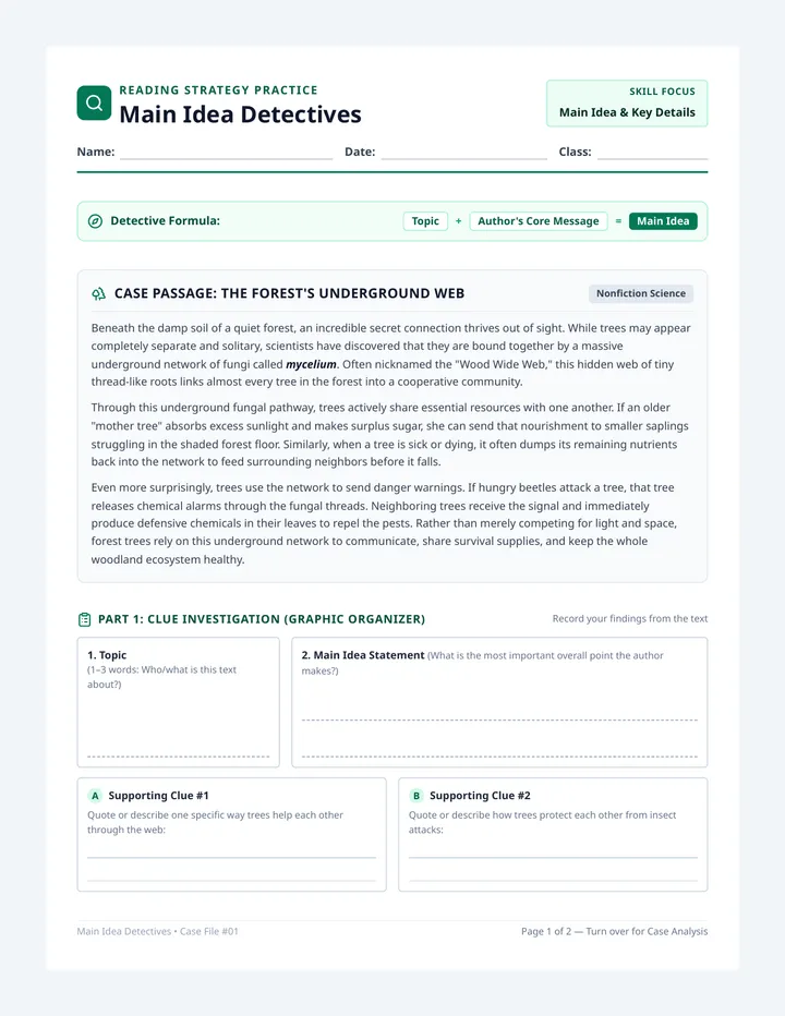 Main Idea Detectives Worksheet