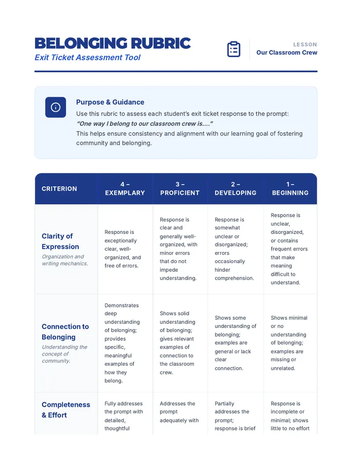 Belonging Exit Ticket Rubric