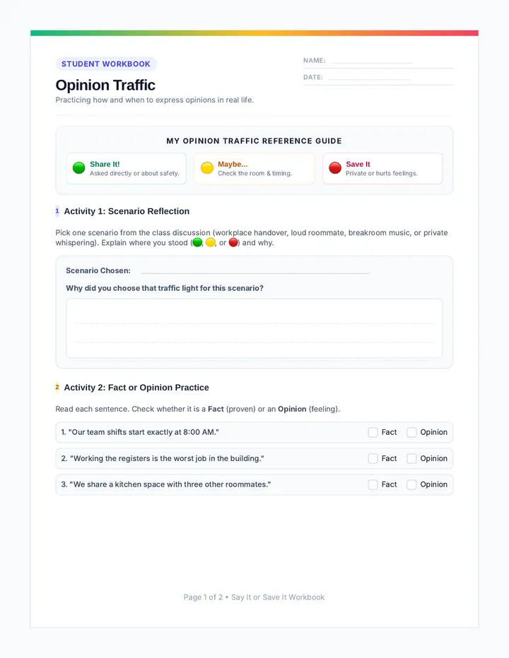 Opinion Traffic Workbook Worksheet