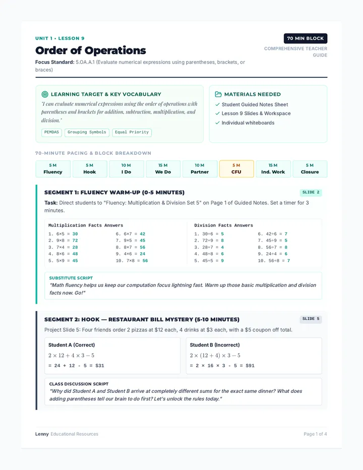 Order of Operations Teacher Guide