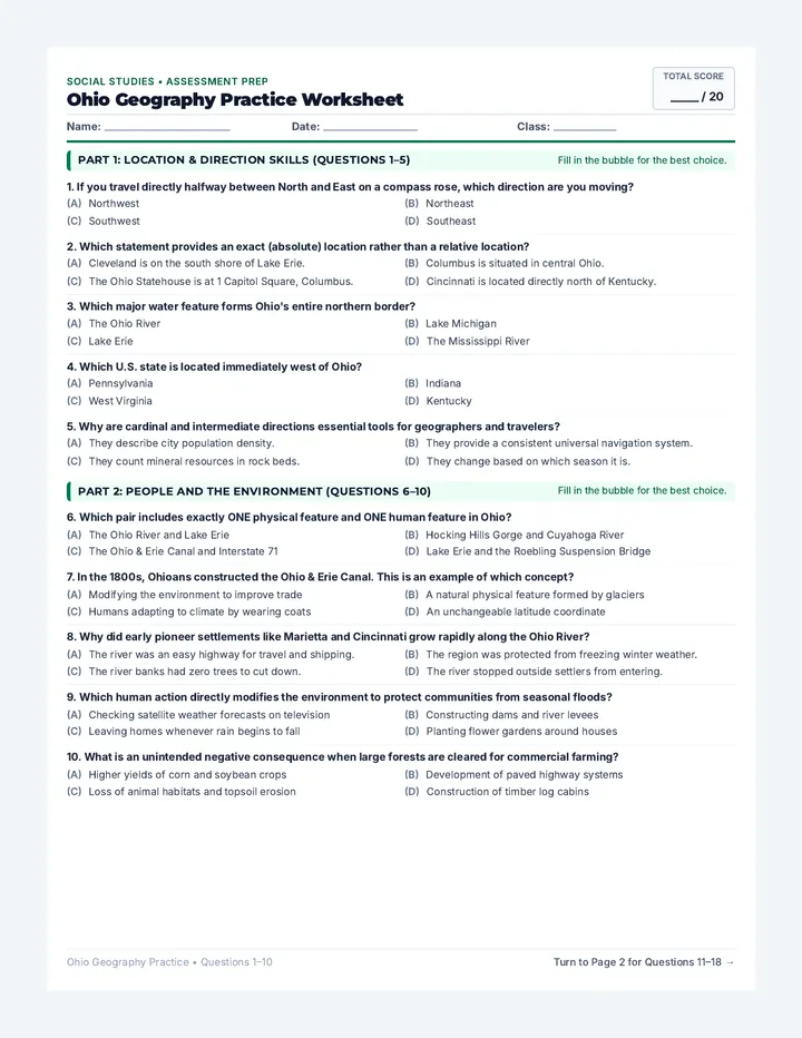 Ohio Geography Practice Worksheet