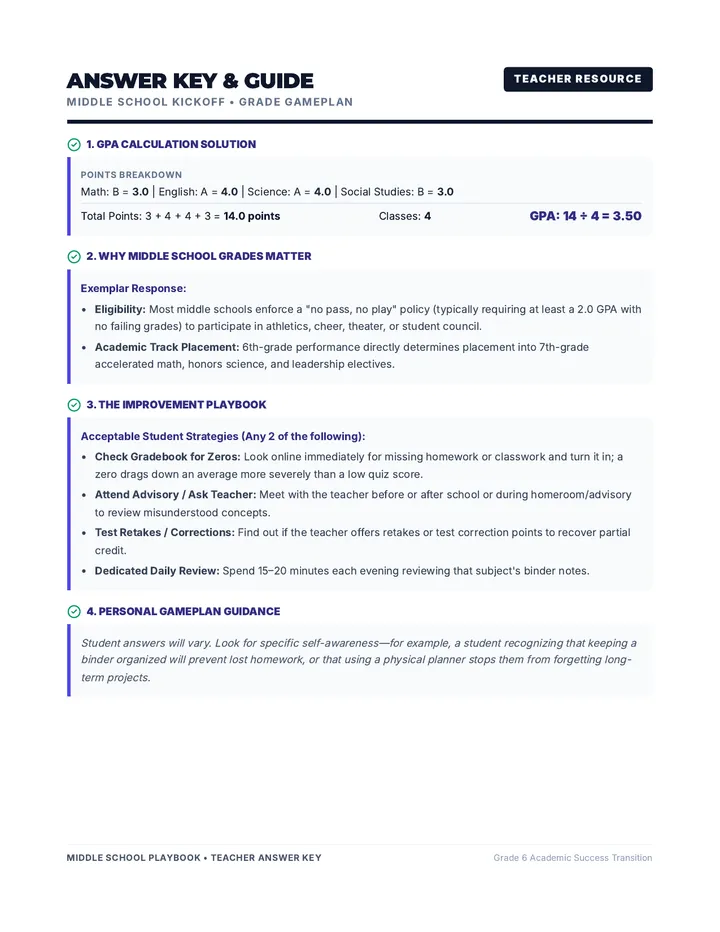 Grade Gameplan Answer Key