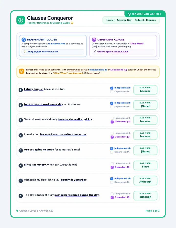 Clauses Conqueror Answer Key