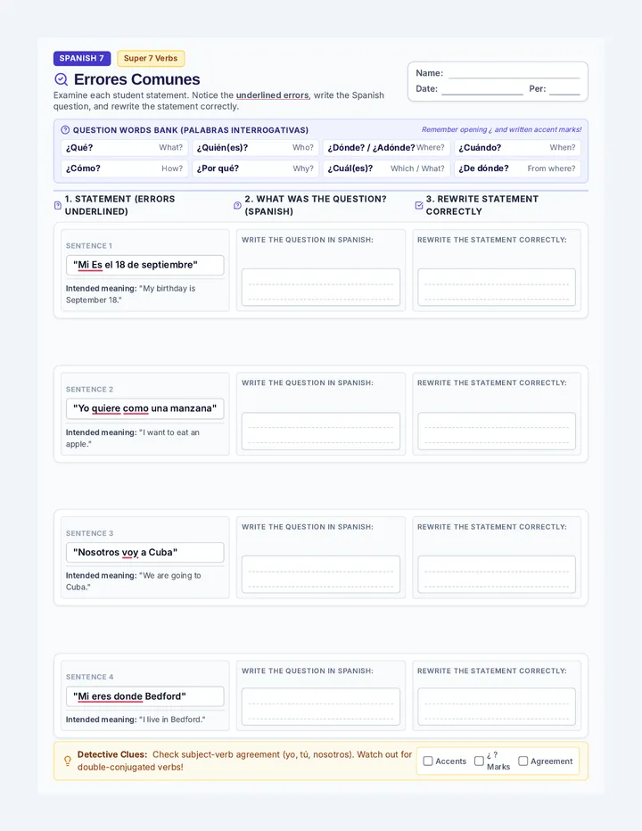 Errores Comunes Worksheet