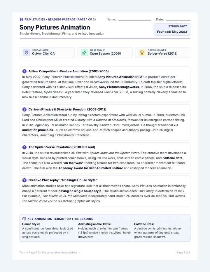 Sony Animation Reading Worksheet