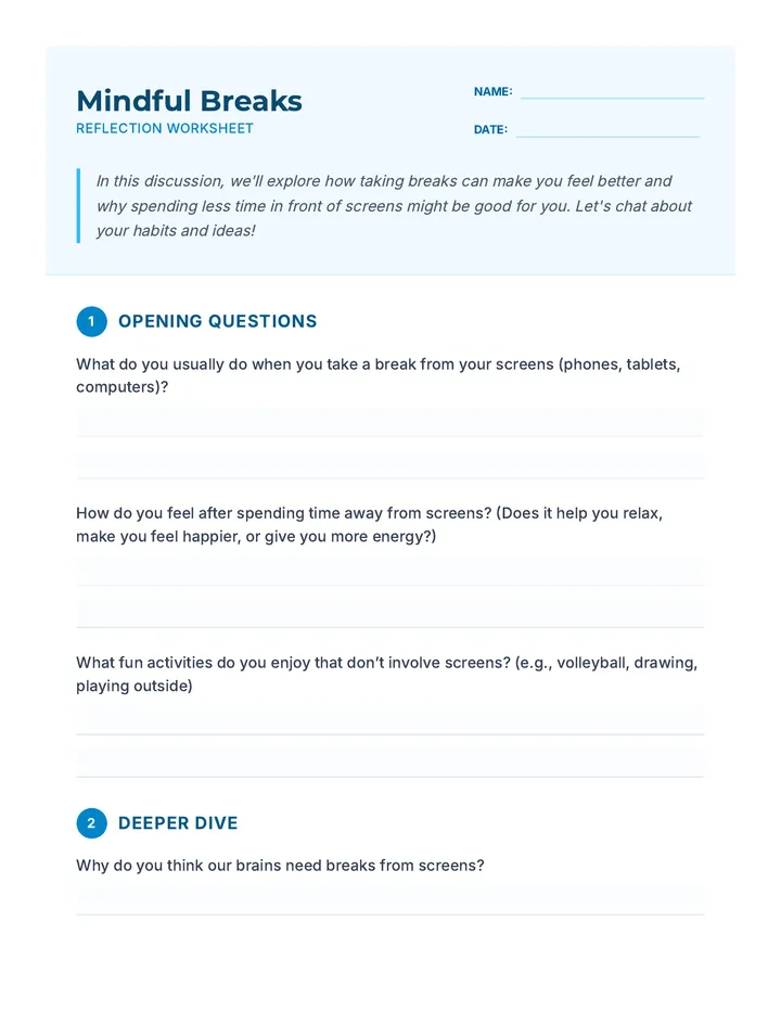 Mindful Breaks Discussion Worksheet