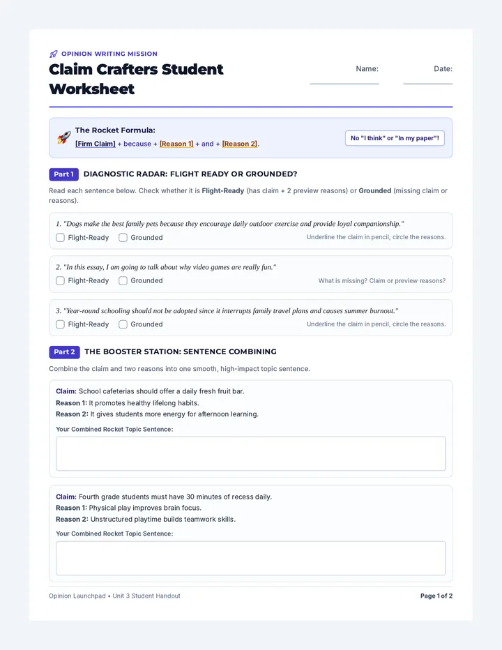 Claim Crafters Student Worksheet