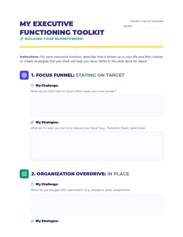 My Executive Functioning Toolkit Worksheet