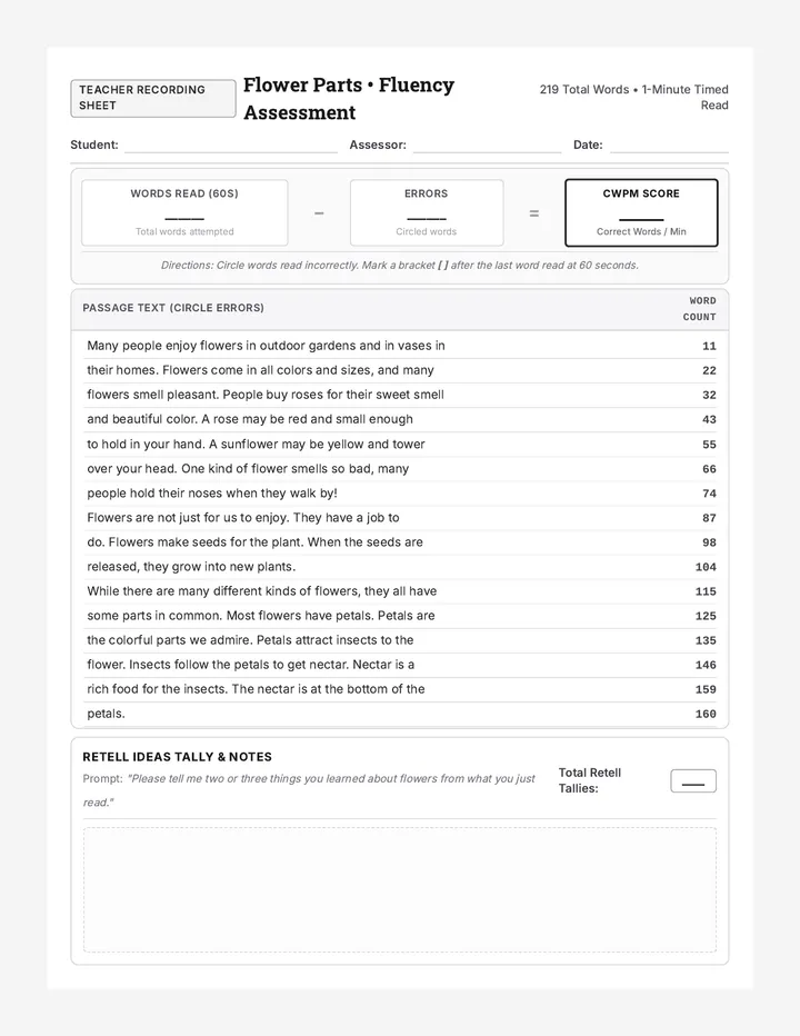 Flower Parts Fluency Tracker