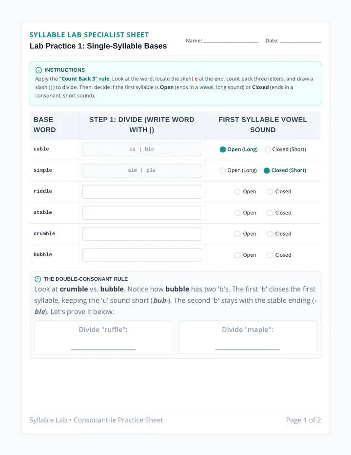Syllable Splitters Worksheet