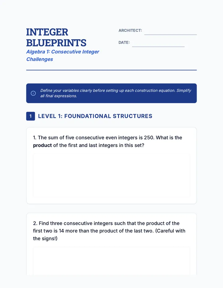 Consecutive Integer Blueprints Worksheet
