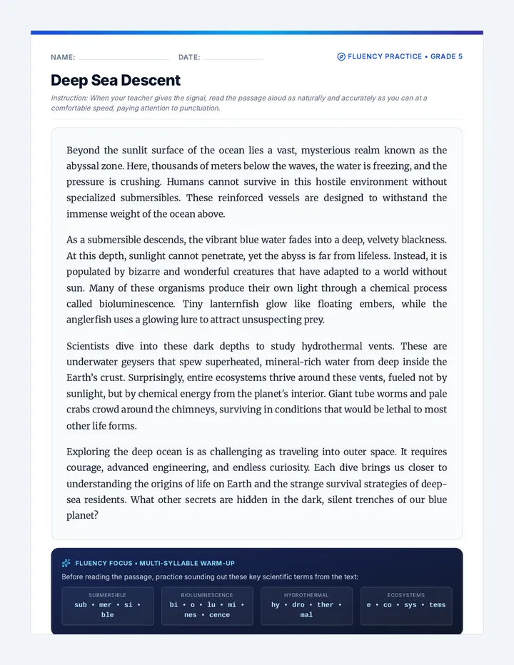 Deep Sea Descent Reading Passage