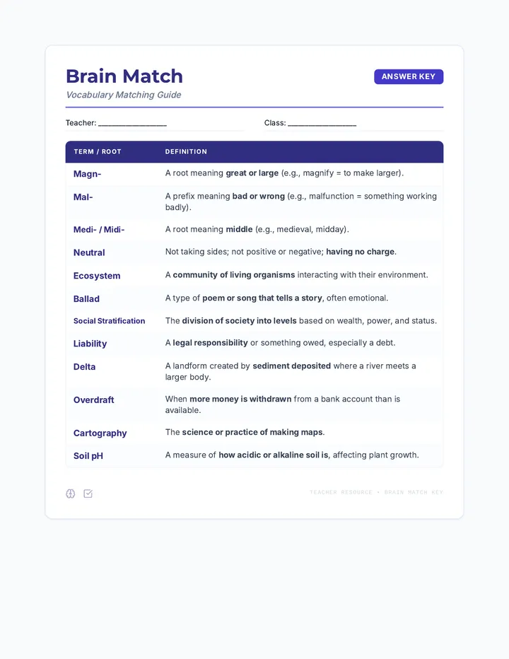 Brain Match Answer Key