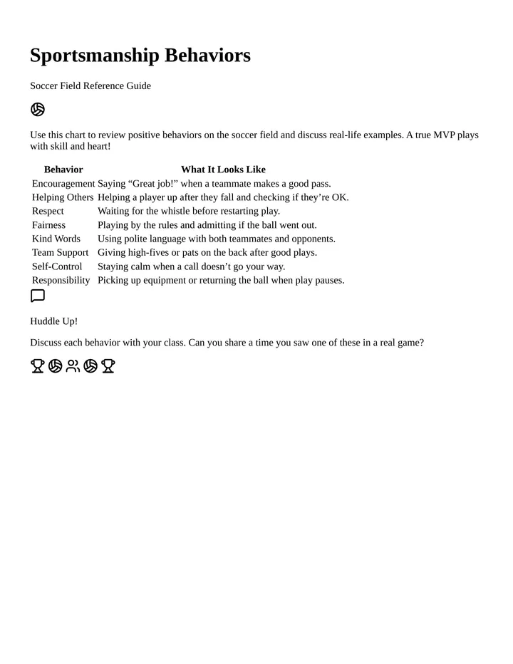 Sportsmanship Behaviors Chart Reference