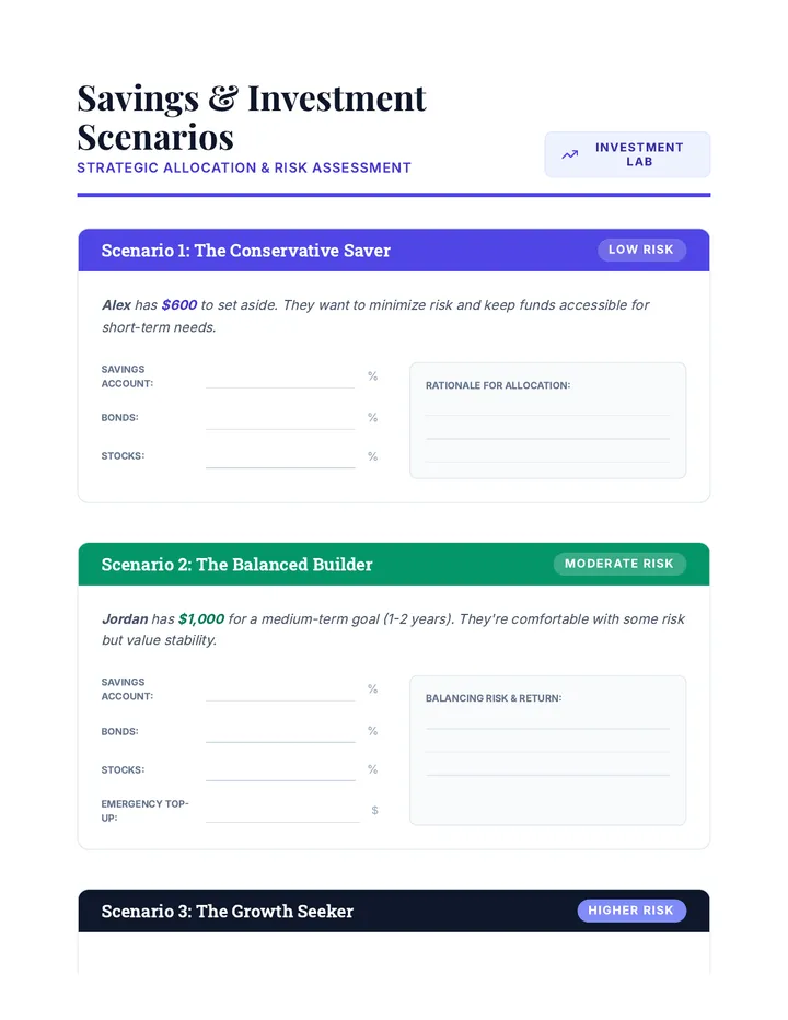 Savings and Investment Scenarios Worksheet