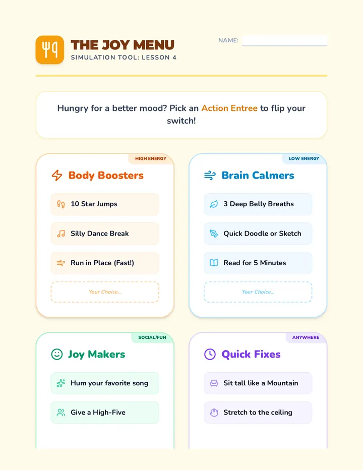 Joy Menu Worksheet