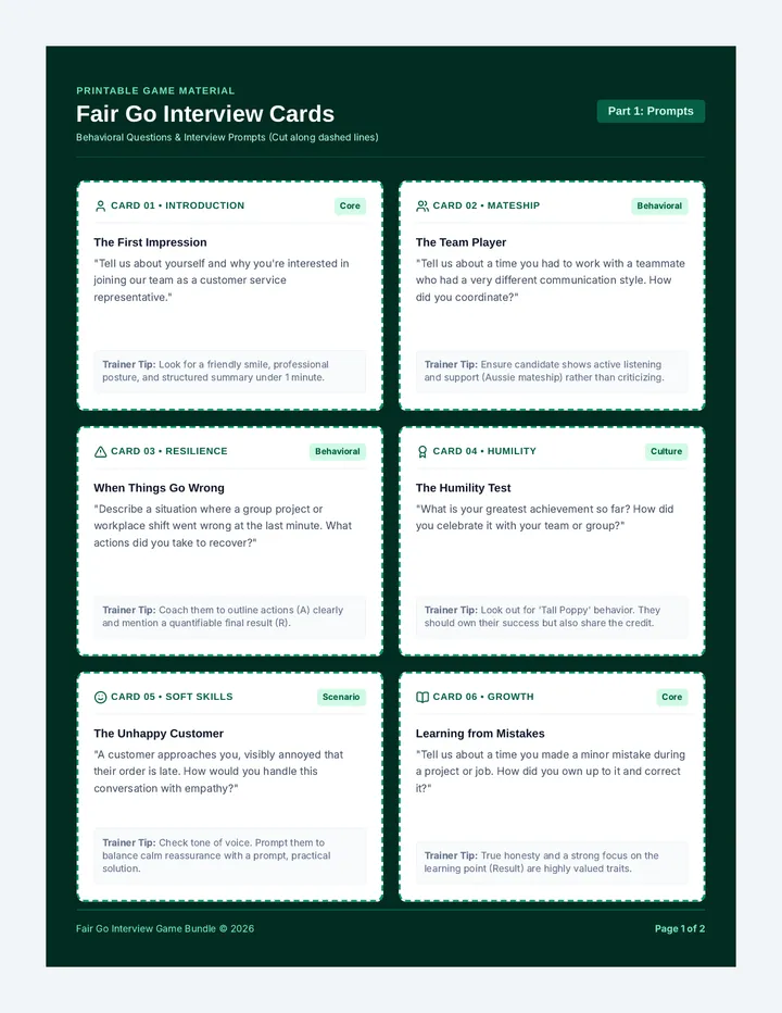Fair Go Challenge Cards